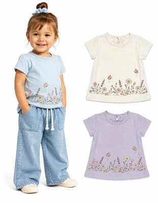 Remera beba en jersey 100% algodón. Frunce en manga y estampa guarda de flores. Gepetto
