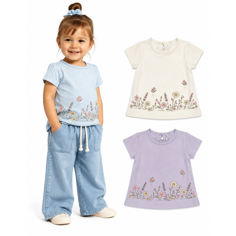 Remera beba en jersey 100% algodón. Frunce en manga y estampa guarda de flores. Gepetto