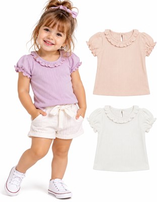 Remera beba manga corta en jersey desagujado. Con detalle de volado en cuello. Gepetto