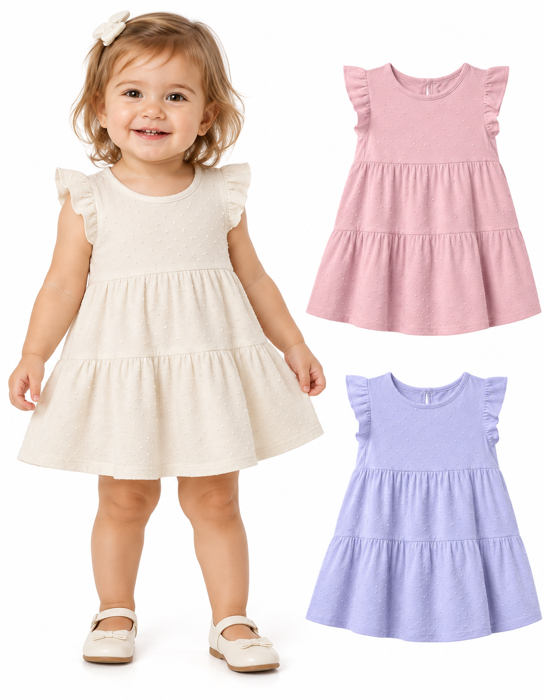 Vestido beba en jersey plumetí. Recortes con frunces, manguitas con volados y botones en espalda. Gepetto