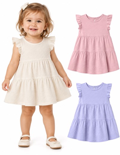 Vestido beba en jersey plumetí. Recortes con frunces, manguitas con volados y botones en espalda. Gepetto