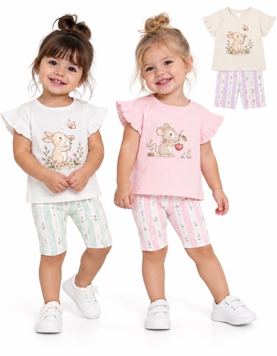 Conjunto beba  remera manga corta en jersey con volados y calza biker estampada rayada. Gepetto