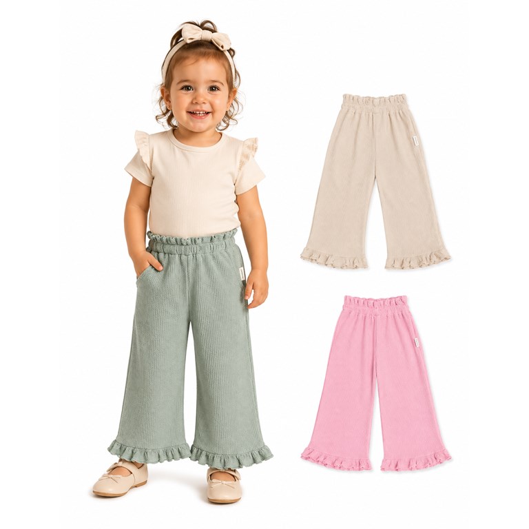 Pantalón beba en wafle 100% algodón. Con detalle de voladitos en botamanga. Gepetto