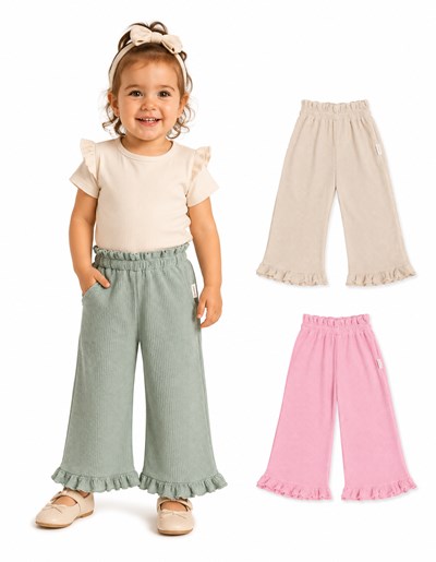 Pantalón beba en wafle 100% algodón. Con detalle de voladitos en botamanga. Gepetto