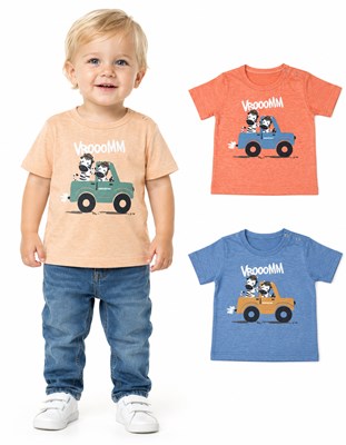 Remera para bebé en jersey jaspeado con estampa central cebra en camioneta. Gepetto