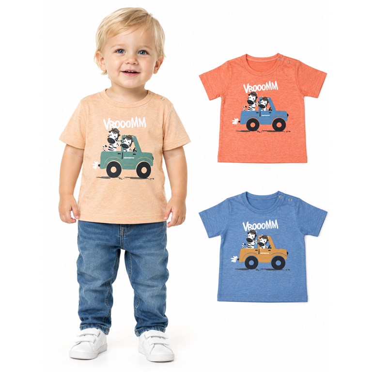 Remera para bebé en jersey jaspeado con estampa central cebra en camioneta. Gepetto
