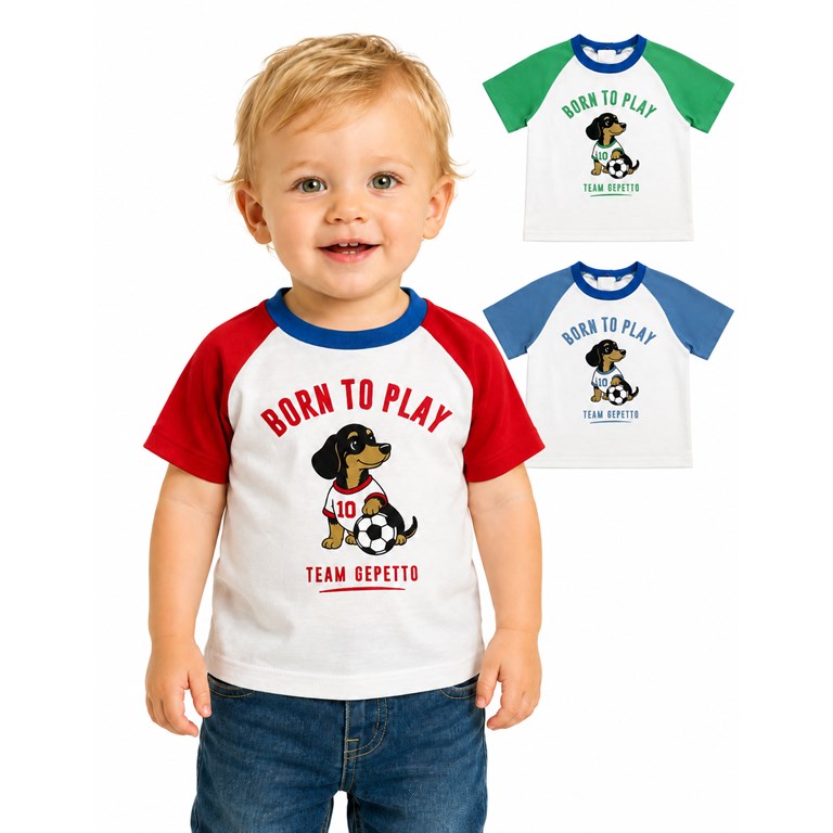 Remera ranglan bebe combinada en jersey 100% algodón, con estampa central. Gepetto