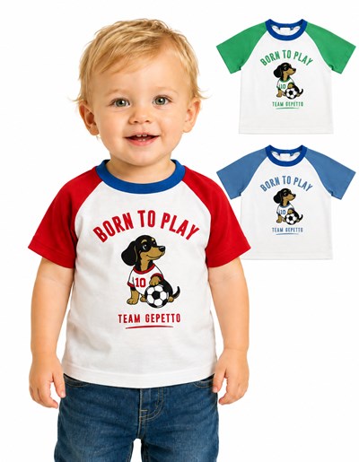 Remera ranglan bebe combinada en jersey 100% algodón, con estampa central. Gepetto