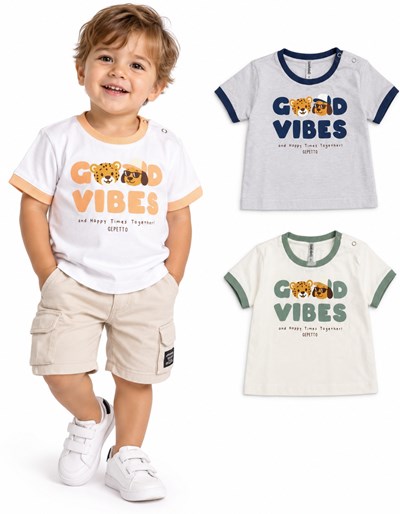 Remera bebe con puños combinados en jersey. Estampa central. Gepetto