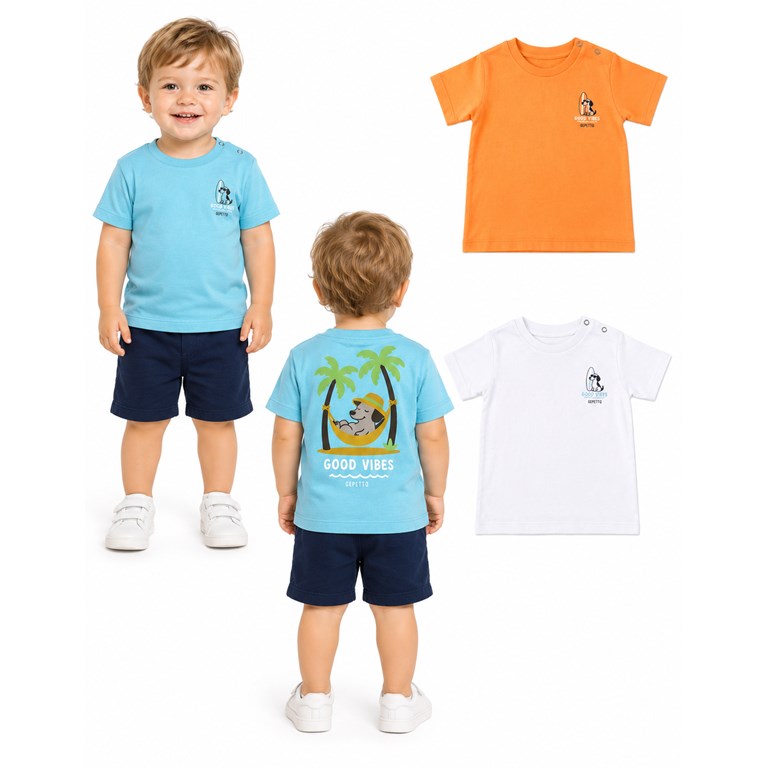 Remera manga corta bebé en jersey 100% algodón con estampa en frente y espalda. Gepetto