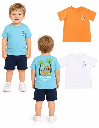 Remera manga corta bebé en jersey 100% algodón con estampa en frente y espalda. Gepetto