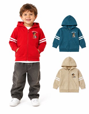 Campera para bebé en rústico de algodón, con capucha.  Estampas en mangas y logo. Gepetto