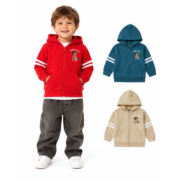 Campera para bebé en rústico de algodón, con capucha.  Estampas en mangas y logo. Gepetto