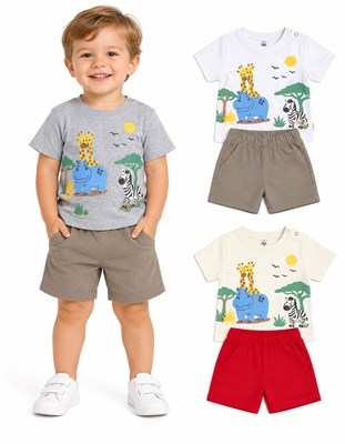 Conjunto para bebe. Remera en jersey con estampa full y bermuda en rústico. Gepetto