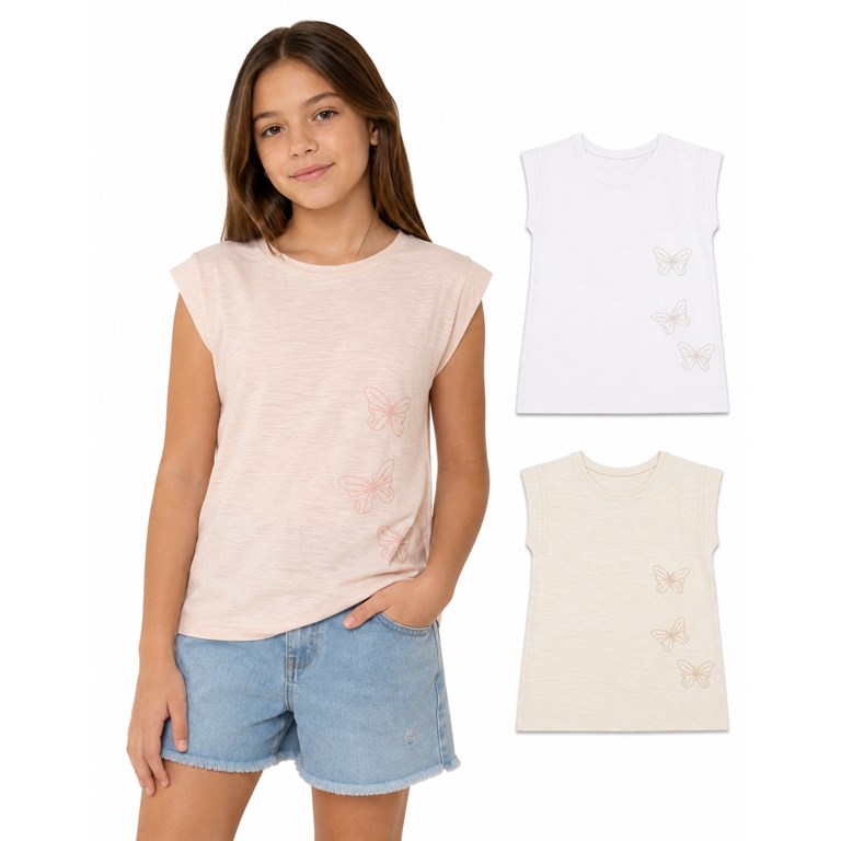 Remera nena sin mangas en flamé 100% algodón. Estampa de mariposas en relieve. Gepetto
