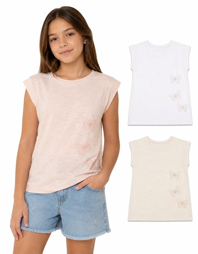 Remera nena sin mangas en flamé 100% algodón. Estampa de mariposas en relieve. Gepetto