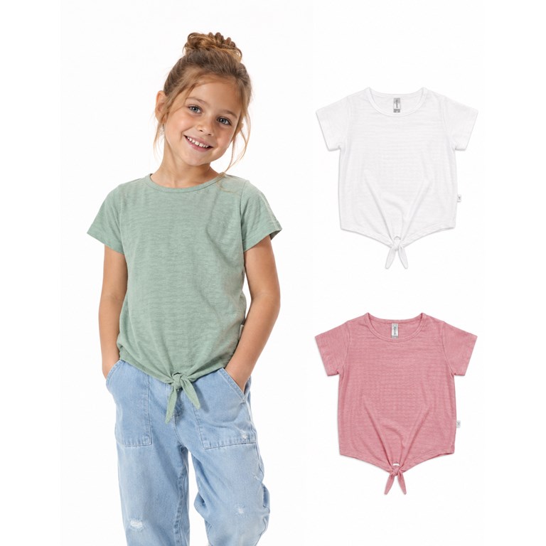 REMERA MANGA CORTA NENA GARDENIA EN JERSEY CLQUÉ DETALLE NUDO EN CINTURA. GEPETTO