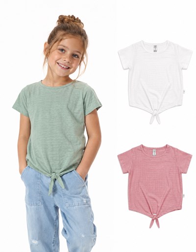 REMERA MANGA CORTA NENA GARDENIA EN JERSEY CLQUÉ DETALLE NUDO EN CINTURA. GEPETTO