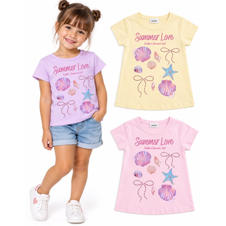 Remera manga corta para nena. Estampa central combinada con aplique de tachitas. Gepetto