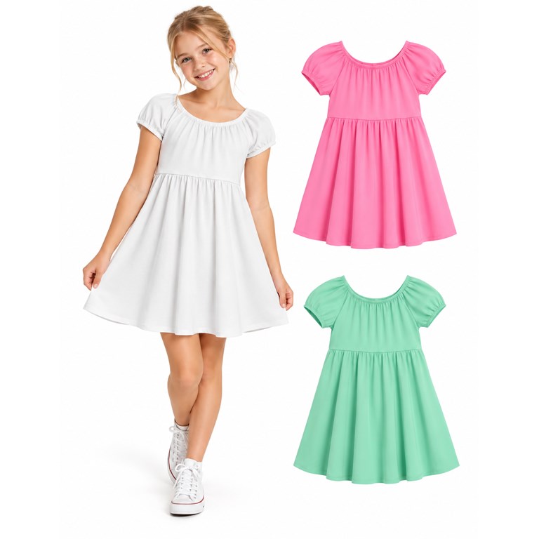 Vestido nena en jersey bambula. Detalle de elásticos en mangas y escote. Gepetto