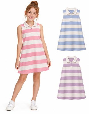 Vestido nena con cuello chomba combinado en jersey rayado. Gepetto