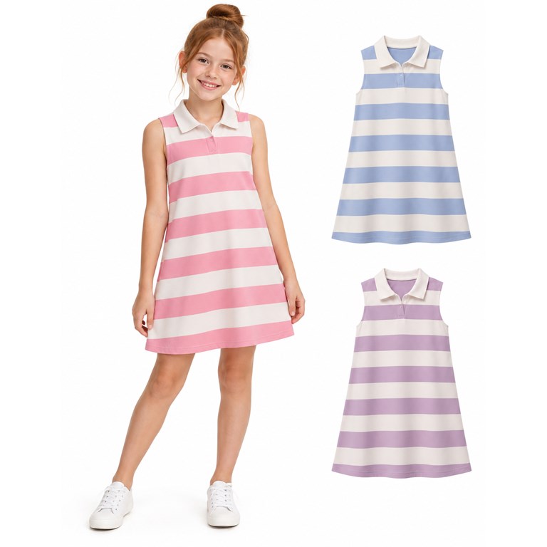 Vestido nena con cuello chomba combinado en jersey rayado. Gepetto