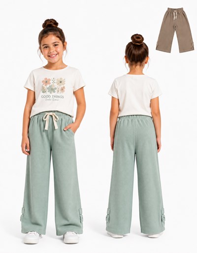 Pantalón nena en wafle 100% algodón. Detalle de volados en laterales botamanga. Gepetto
