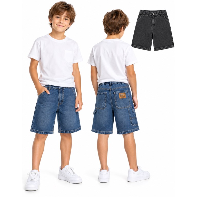 Bermudón jean para nene. Detalles de bolsillo carpintero en espalda. Gepetto