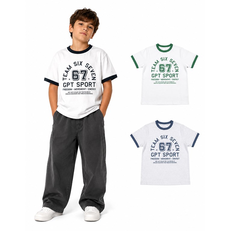 Remera manga corta nene, en jersey 100% algodón, cuello y puños de mangas contracolor. Estampa '67'. Gepetto