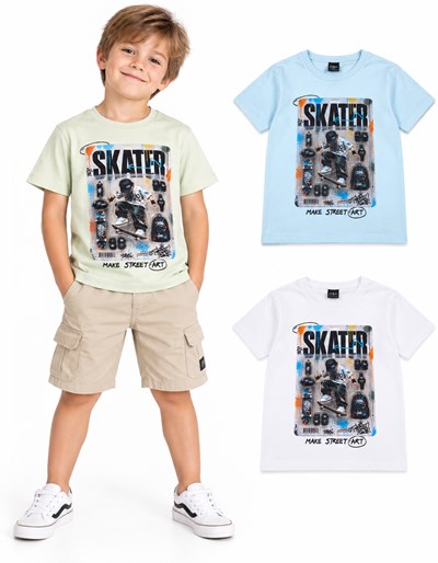 Remera manga corta para nene, jersey con estampa central 'Skater'. Gepetto