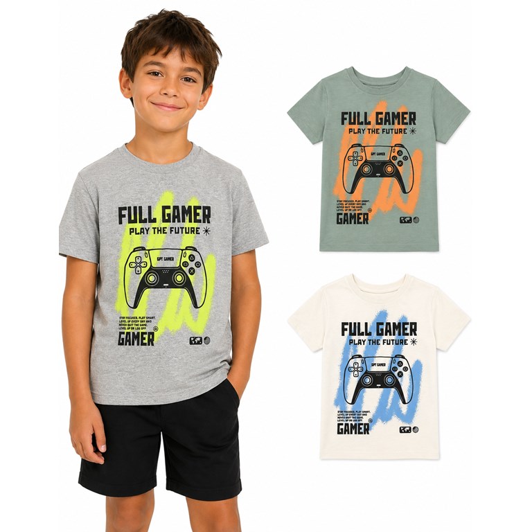 Remera nene manga corta oversize jersey con estampa central 'Full gamer'. Gepetto