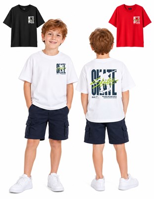 Remera oversize manga corta para nene con estampa frente y espalda.  Gepetto
