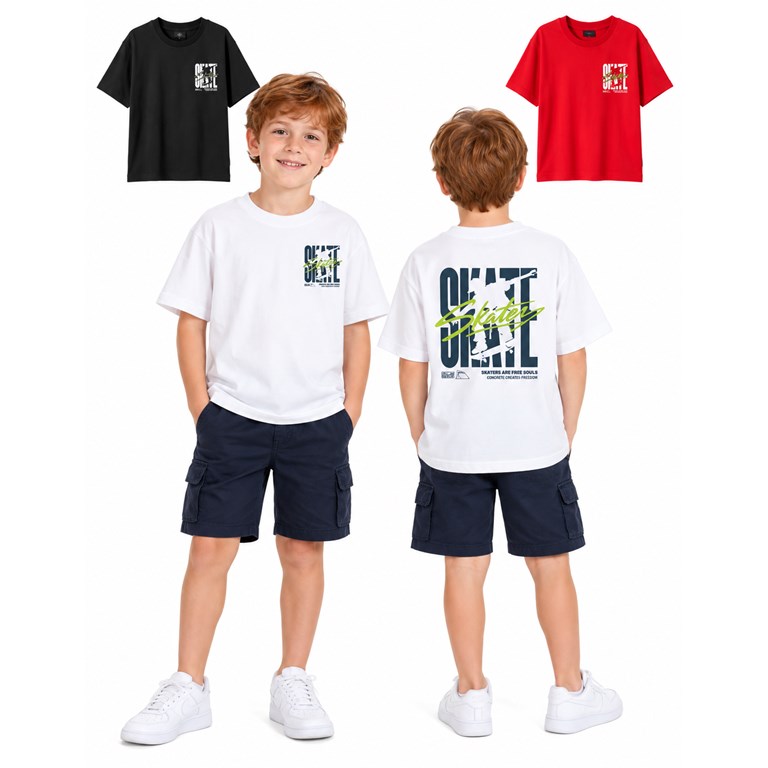 Remera oversize manga corta para nene con estampa frente y espalda.  Gepetto