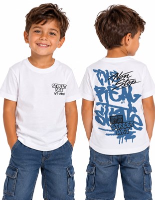 Remera básica manga corta frente y espalda grafitti nene. Gepetto