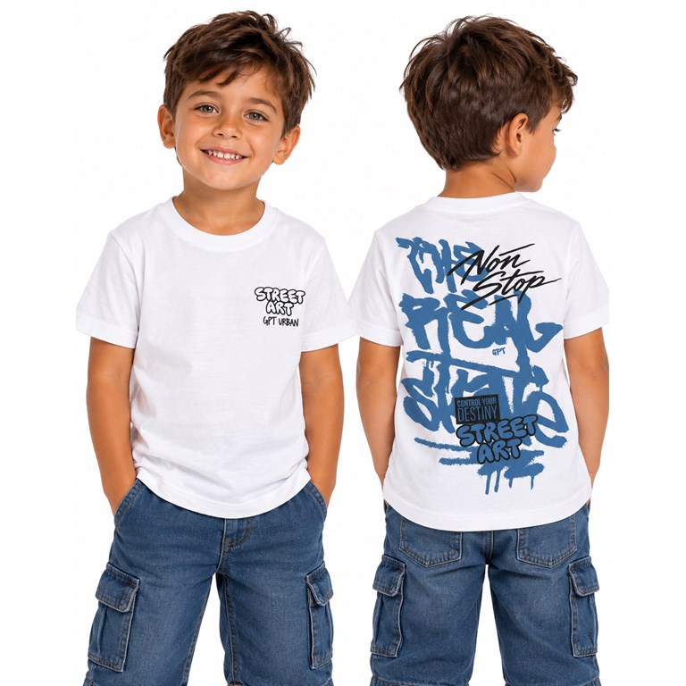 Remera básica manga corta frente y espalda grafitti nene. Gepetto