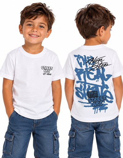 Remera básica manga corta frente y espalda grafitti nene. Gepetto