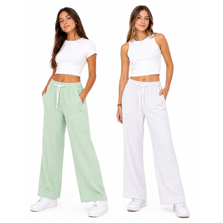 PANTALON DE GASA DE ALGODÓN, AMPLIO. BOLSILLOOS LATERALES. ELÁSTICO EN CINTURA. NGORO