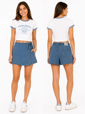 SHORT POLLERA DE JEAN ELÁSTIZADO CON TIRAS PARA ATAR. BOLSILLOS TRASEROS. NGORO