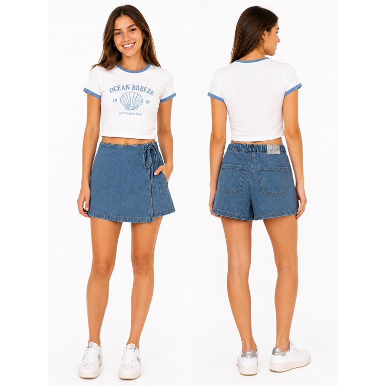 SHORT POLLERA DE JEAN ELÁSTIZADO CON TIRAS PARA ATAR. BOLSILLOS TRASEROS. NGORO