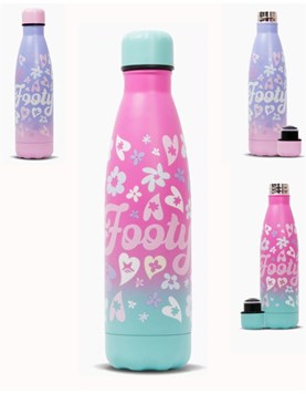 BOTELLA TERMICA DE ACERO 500ML. COLOR DEGRADÉ, ESTAMPA FLORES Y CORAZONES. FOOTY