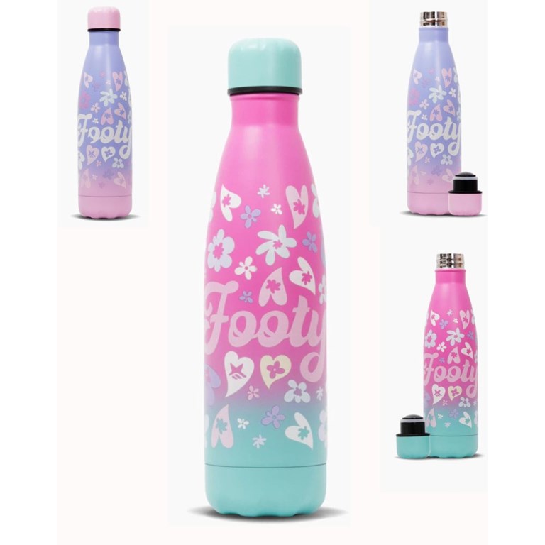 BOTELLA TERMICA DE ACERO 500ML. COLOR DEGRADÉ, ESTAMPA FLORES Y CORAZONES. FOOTY