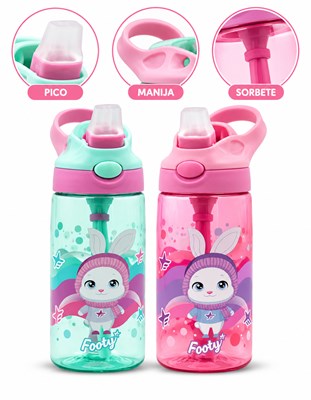 BOTELLA PLASTICA INFANTIL 480ML. MECANISMO DE BOTON. LIBRE DE PBA. FOOTY