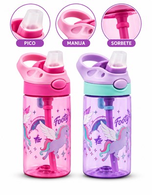 BOTELLA PLASTICA INFANTIL 480ML. APERTURA MECANISMO DE BOTON.  LIBRE DE PBA. FOOTY