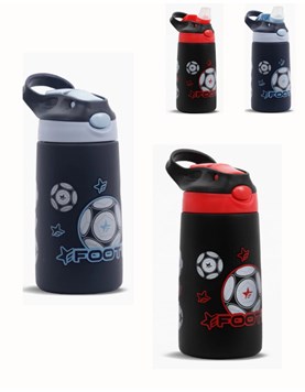 BOTELLA TERMICA DE ACERO CON BOCA DE SILICONA, ESTAMPA PELOTA. 400ML. FOOTY