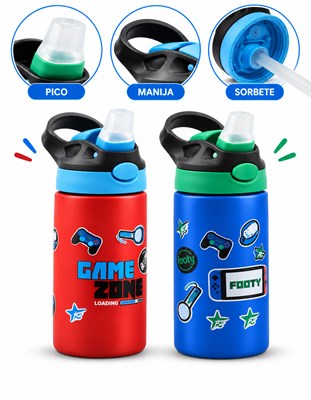 BOTELLA TERMICA ACERO INOXIDABLE CON  DOBLE PARED. APERTURA DE BOTON. PICO SILICONA. LIBRE DE PBA. FOOTY