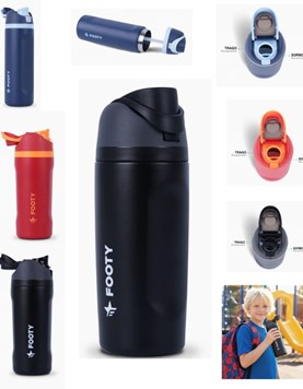 BOTELLA TERMICA DOBLE PARED. CON PICO Y BOTON DE APERTURA. 473 ML. FOOTY