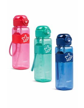 Botella de plástico libre de PBA, apto alimentos. mecanismo de botón facil apertura, con boca abatible. FOOTY