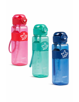 Botella de plástico libre de PBA, apto alimentos. mecanismo de botón facil apertura, con boca abatible. FOOTY
