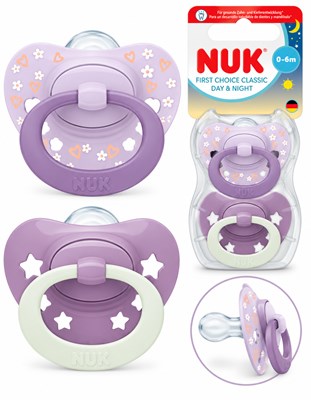 Set 2 Set Chupetes First Choice Classic Classic Día & Noche 0-6m - Violeta. Nuk
