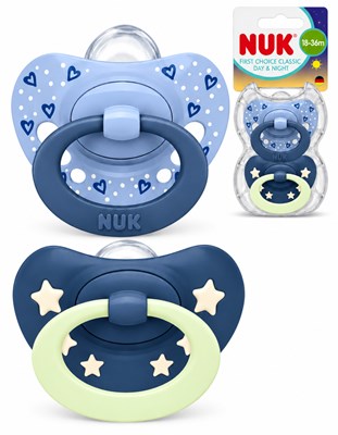 SET CHUPETES FIRST CHOICE CLASSIC DIA Y NOCHE 18-36 MESES AZUL. NUK